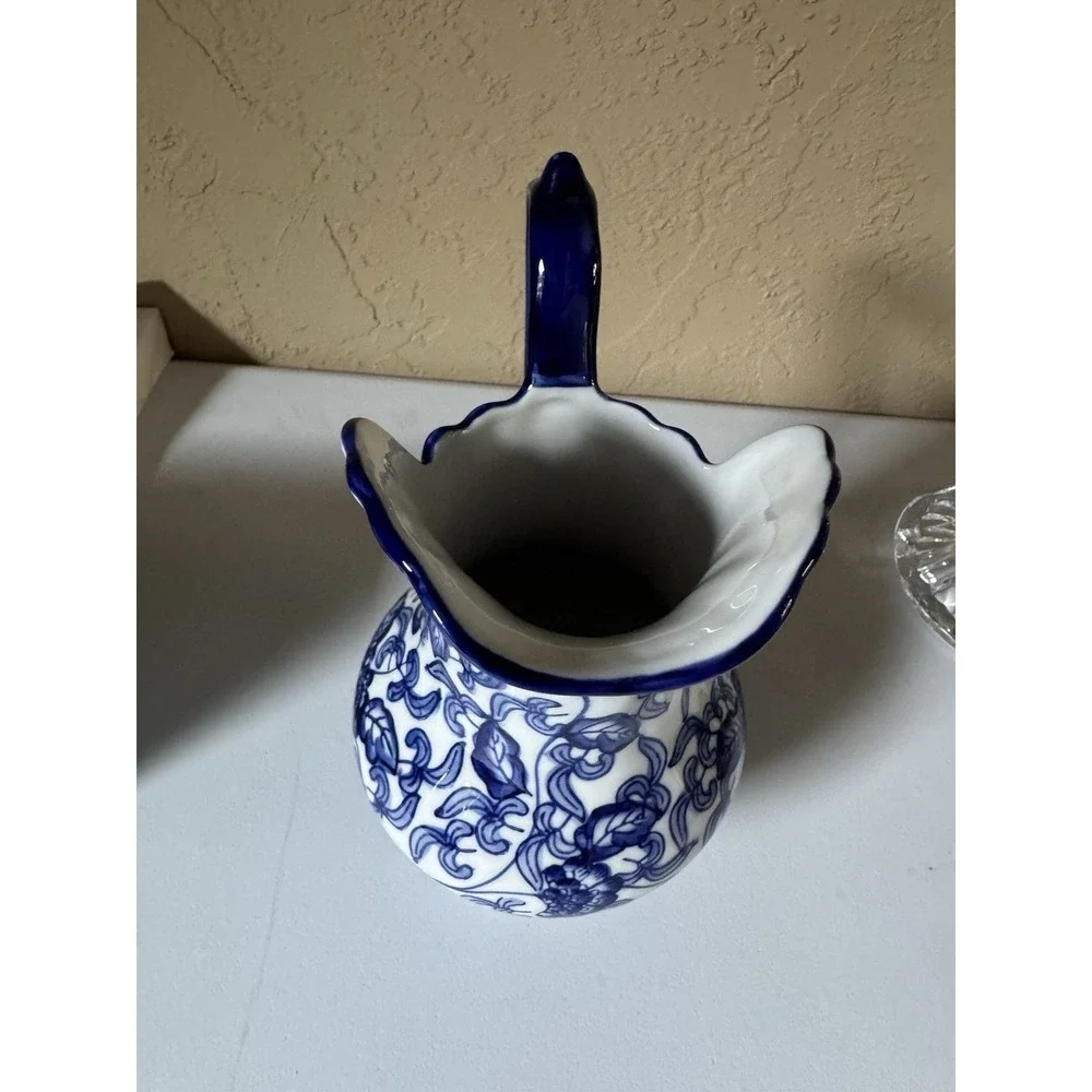 Vintage Blue And White Ceramic Pitcher Floral Chinoiserie Twig Handle 7 in Vase
